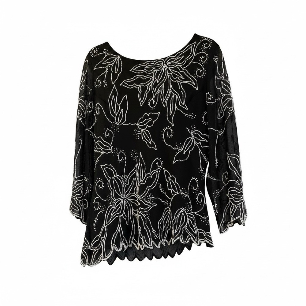 Vintage JKARA New York Blouse XL Black Beaded Cocktail Floral Asymmetrical Hem